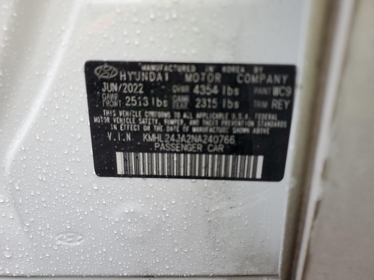 2022 HYUNDAI SONATA SE VIN:KMHL24JA2NA240766