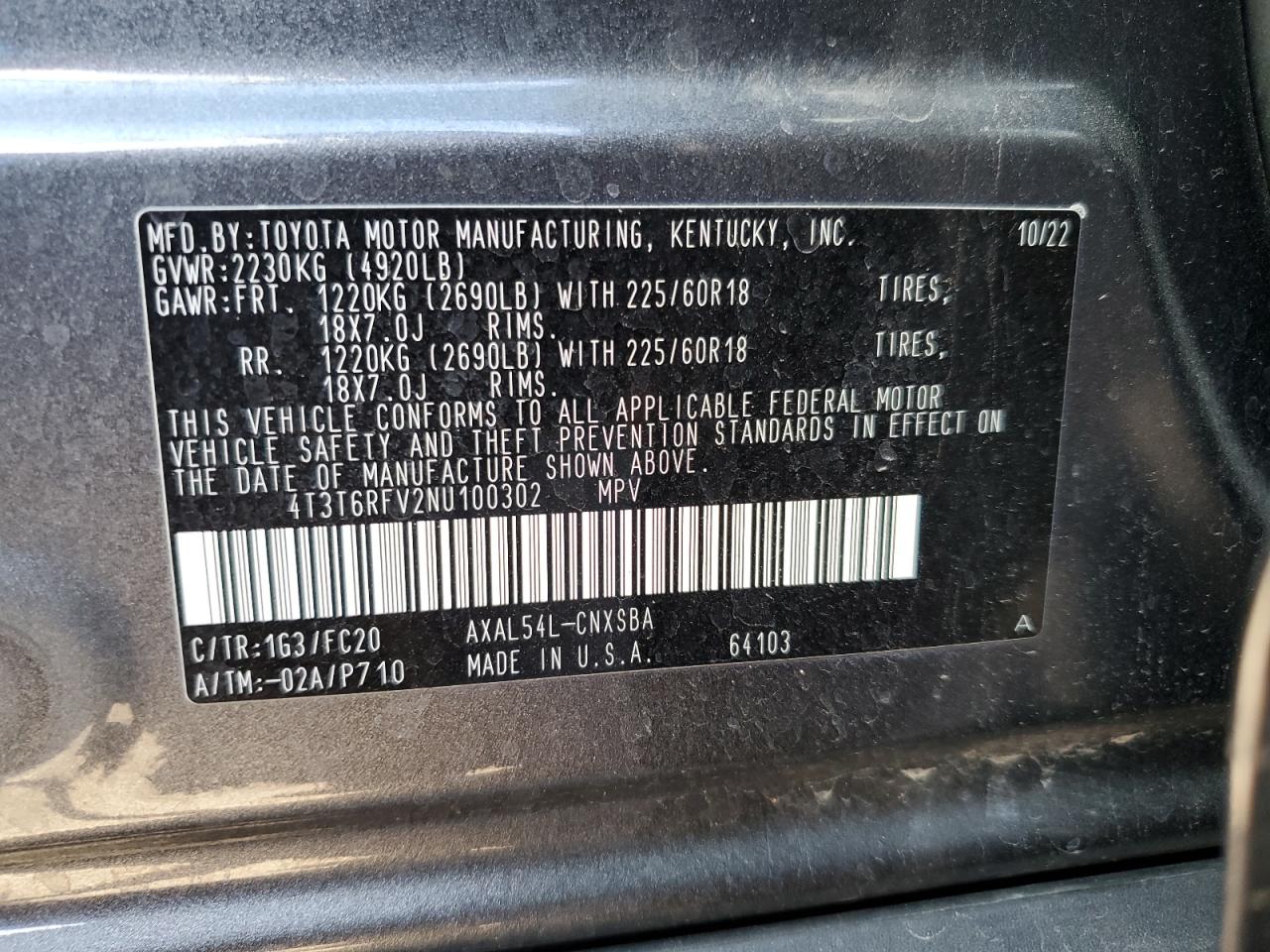 2022 TOYOTA RAV4 SE VIN:4T3T6RFV2NU100302