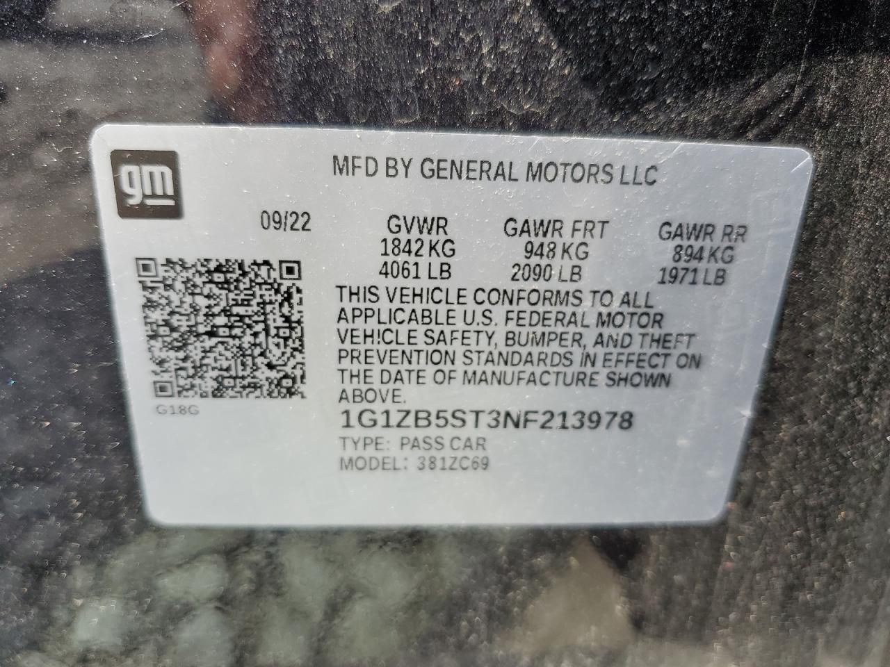 2022 CHEVROLET MALIBU LS VIN:1G1ZB5ST3NF213978