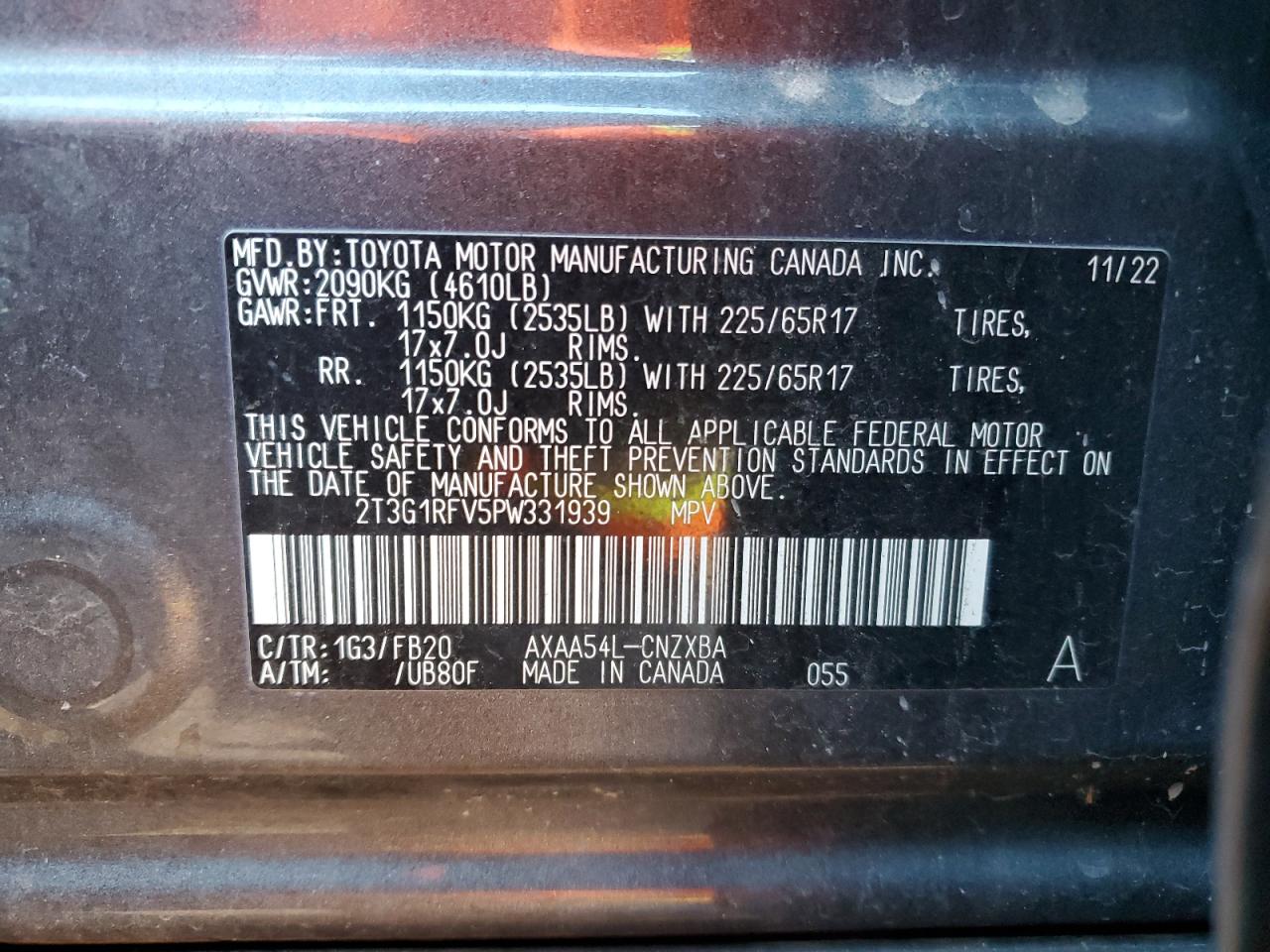 2023 TOYOTA RAV4 LE VIN:2T3G1RFV5PW331939