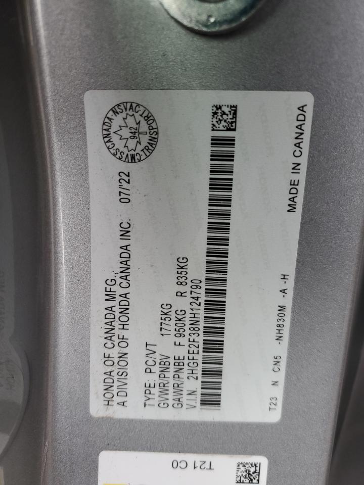 2022 HONDA CIVIC EX VIN:2HGFE2F38NH124790