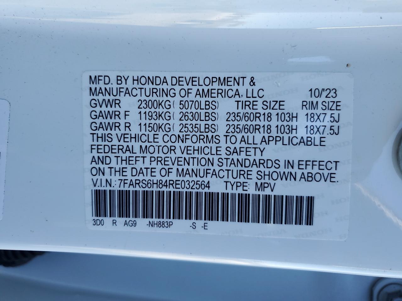 2024 HONDA CR-V SPORT-L VIN:7FARS6H84RE032564