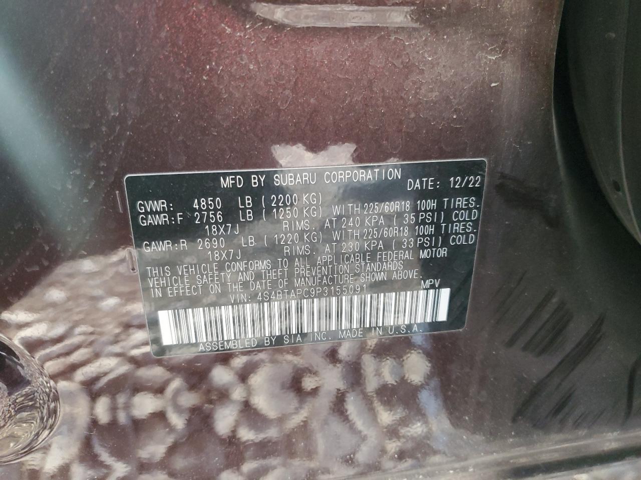 2023 SUBARU OUTBACK TOURING VIN:4S4BTAPC9P3155091