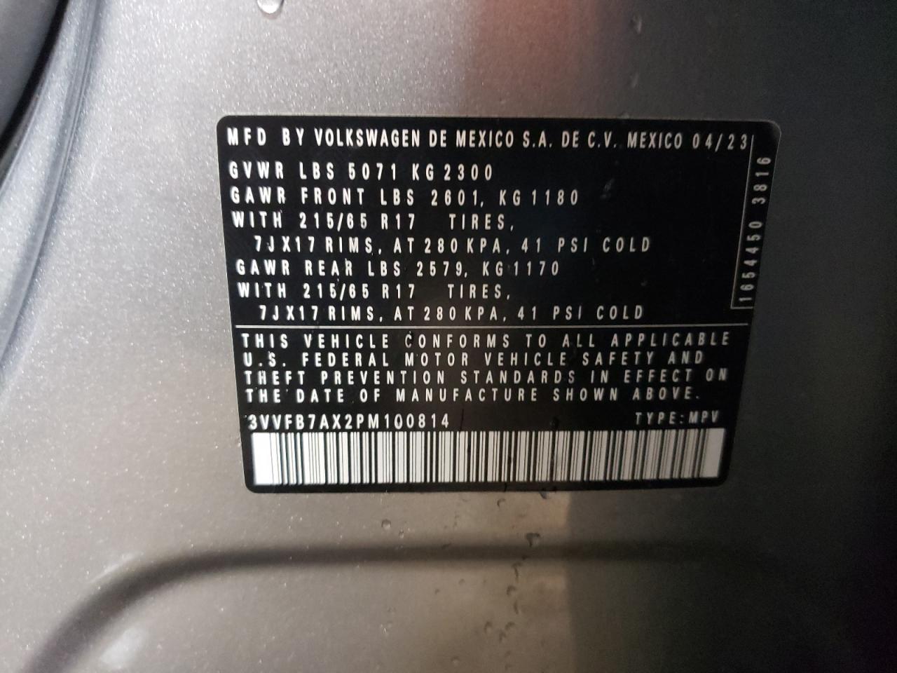2023 VOLKSWAGEN TIGUAN S VIN:3VVFB7AX2PM100814