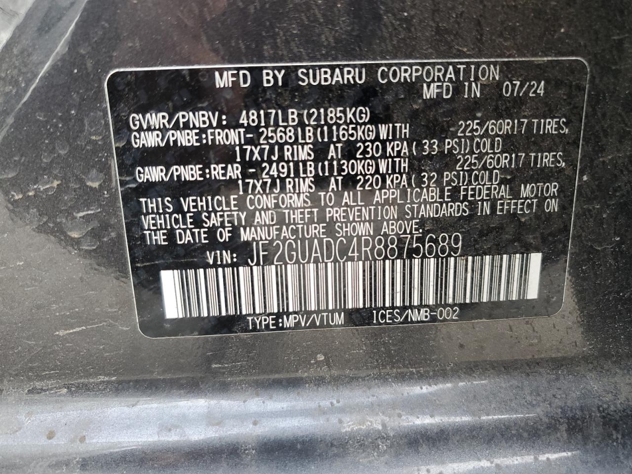 2024 SUBARU CROSSTREK PREMIUM VIN:JF2GUADC4R8875689