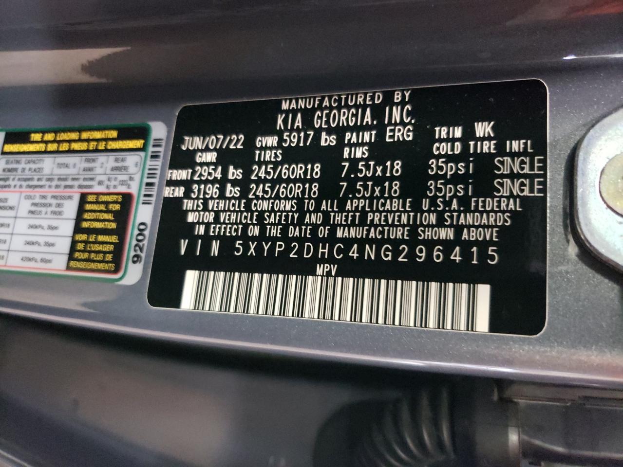2022 KIA TELLURIDE LX VIN:5XYP2DHC4NG296415