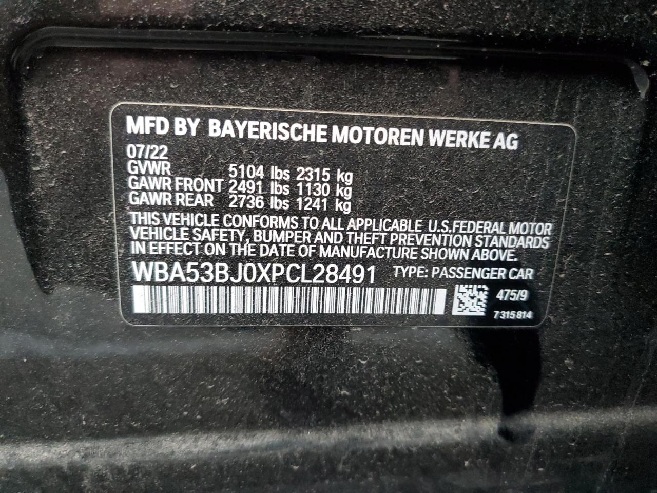 2023 BMW 540 I VIN:WBA53BJ0XPCL28491