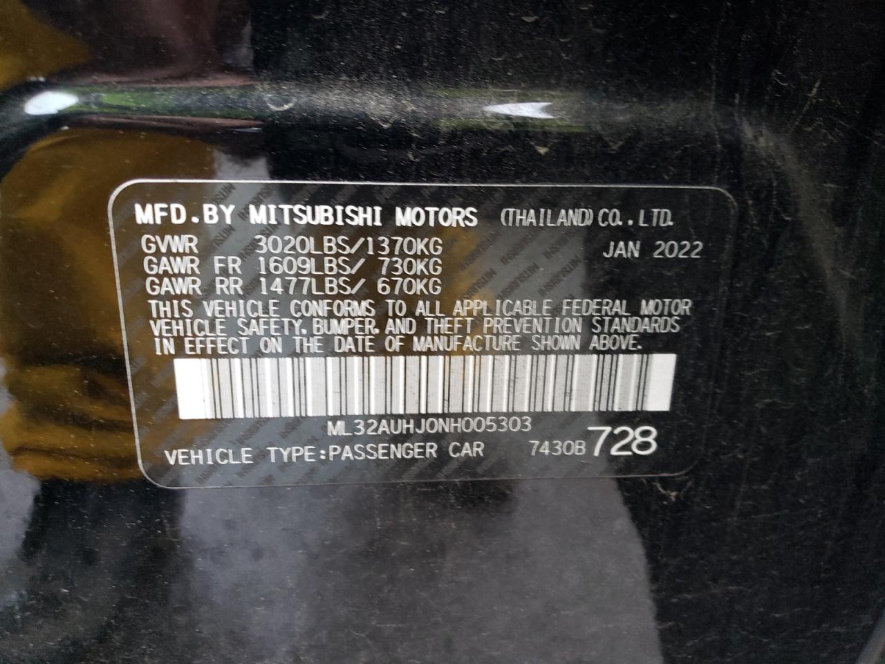 2022 MITSUBISHI MIRAGE ES VIN:ML32AUHJ0NH005303