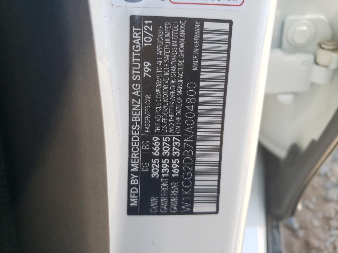 2022 MERCEDES-BENZ EQS SEDAN 450+ VIN:W1KCG2DB7NA004800