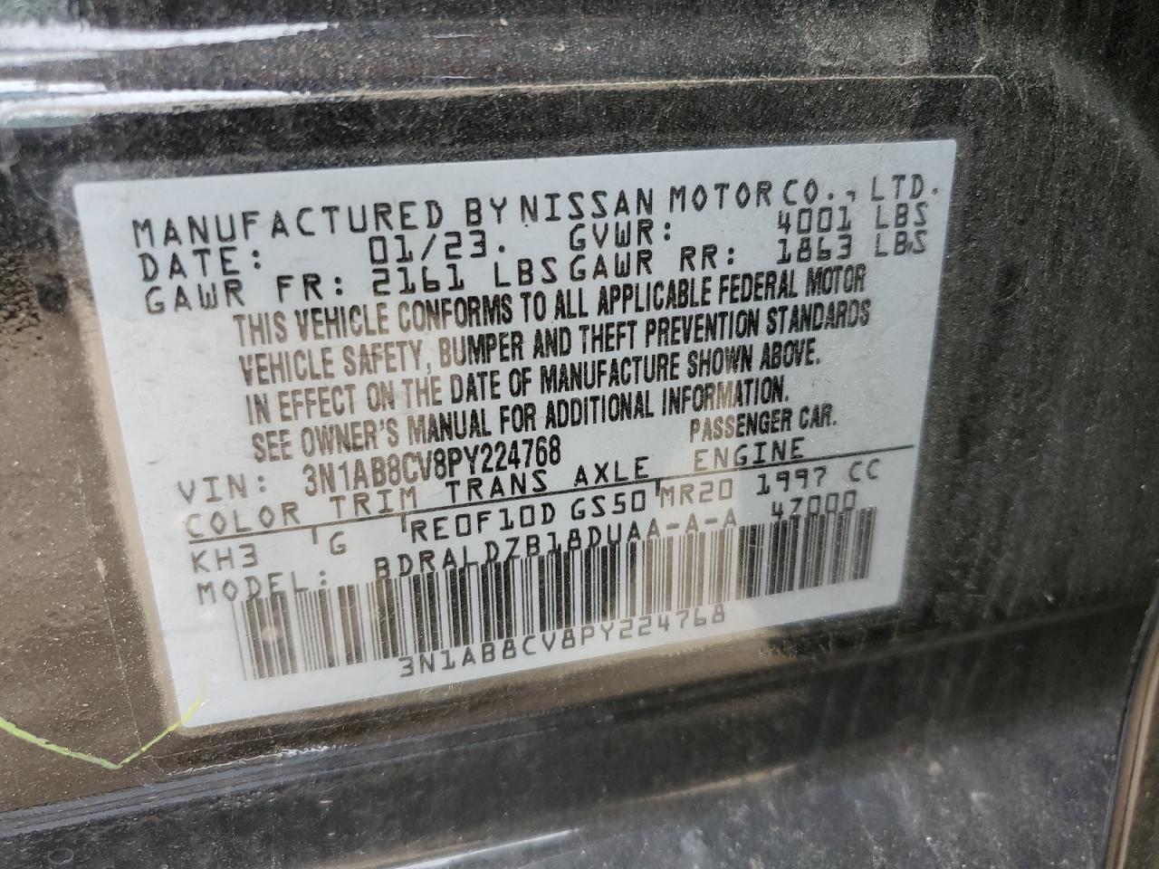 2023 NISSAN SENTRA SV VIN:3N1AB8CV8PY224768