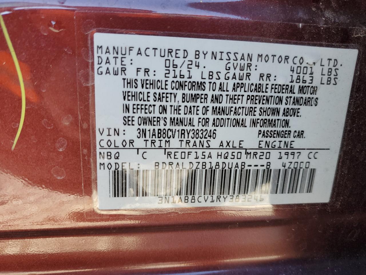 2024 NISSAN SENTRA SV VIN:3N1AB8CV1RY383246