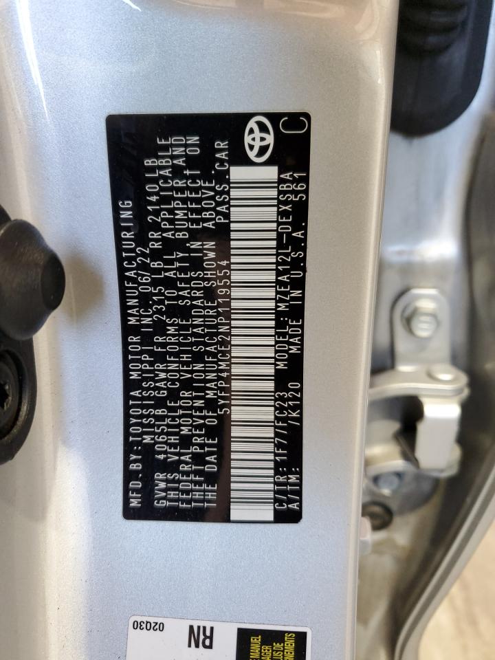 2022 TOYOTA COROLLA SE VIN:5YFP4MCE2NP119554