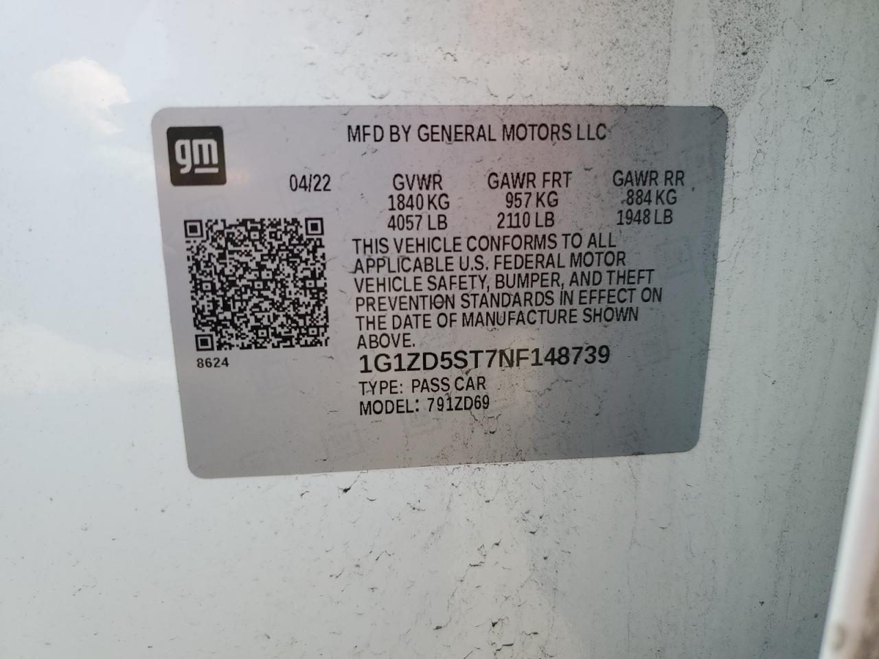 2022 CHEVROLET MALIBU LT VIN:1G1ZD5ST7NF148739