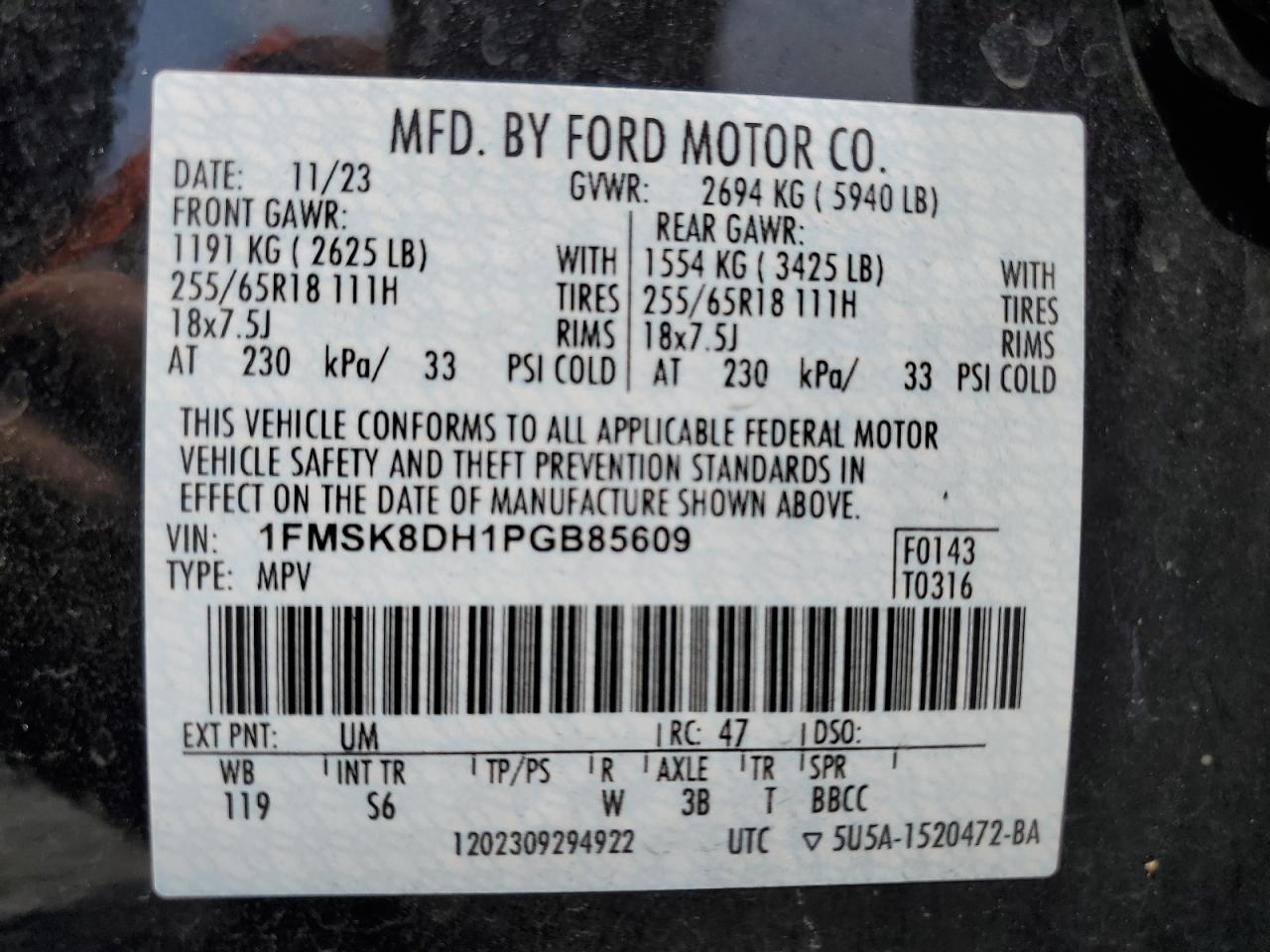 2023 FORD EXPLORER XLT VIN:1FMSK8DH1PGB85609