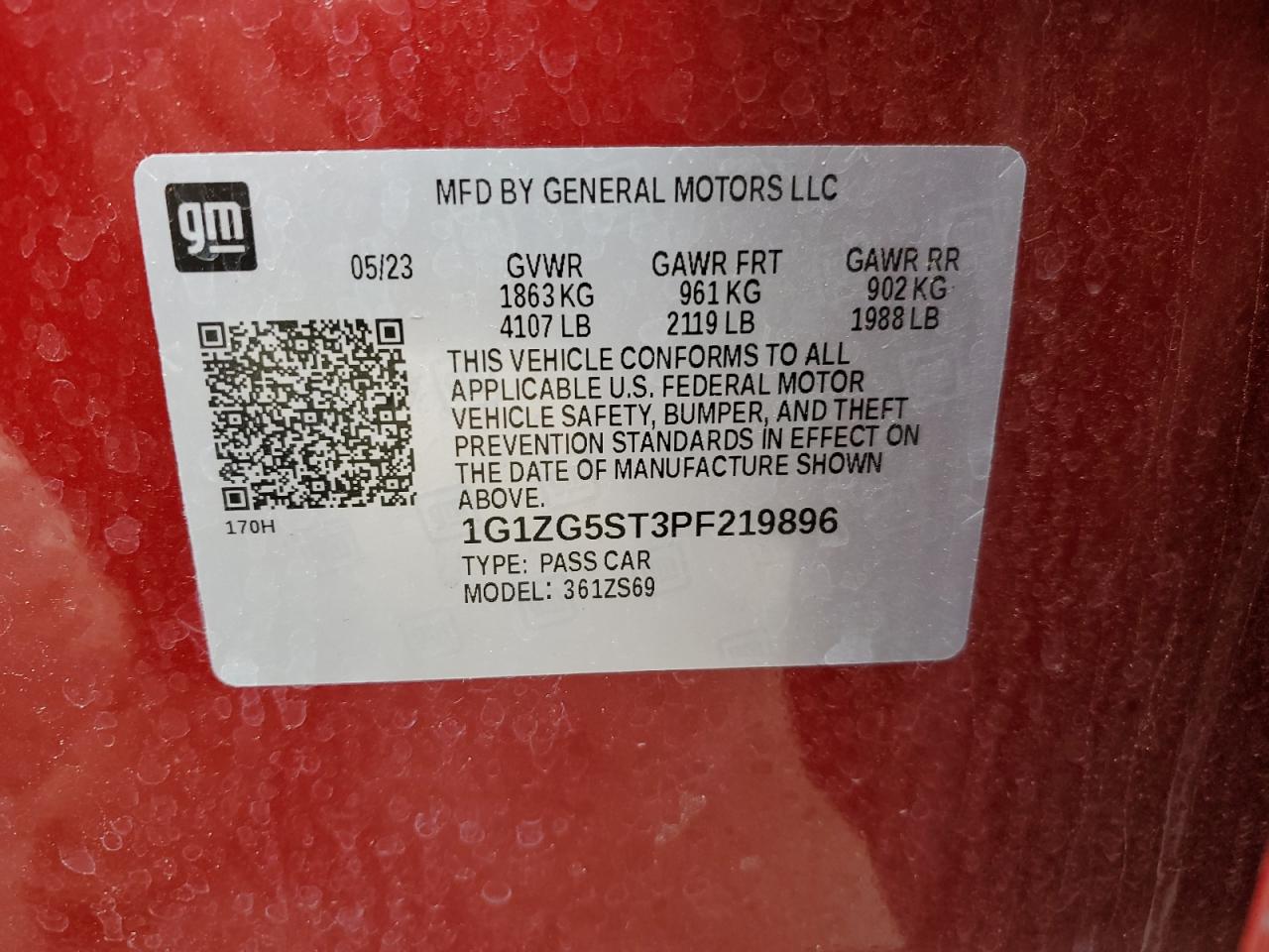 2023 CHEVROLET MALIBU RS VIN:1G1ZG5ST3PF219896