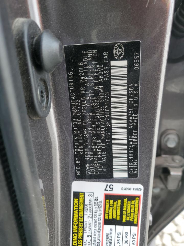 2022 TOYOTA CAMRY SE VIN:4T1G11BK7NU071773