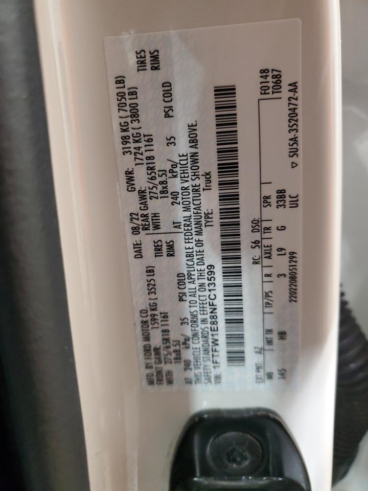 2022 FORD F150 SUPERCREW VIN:1FTFW1E88NFC13599