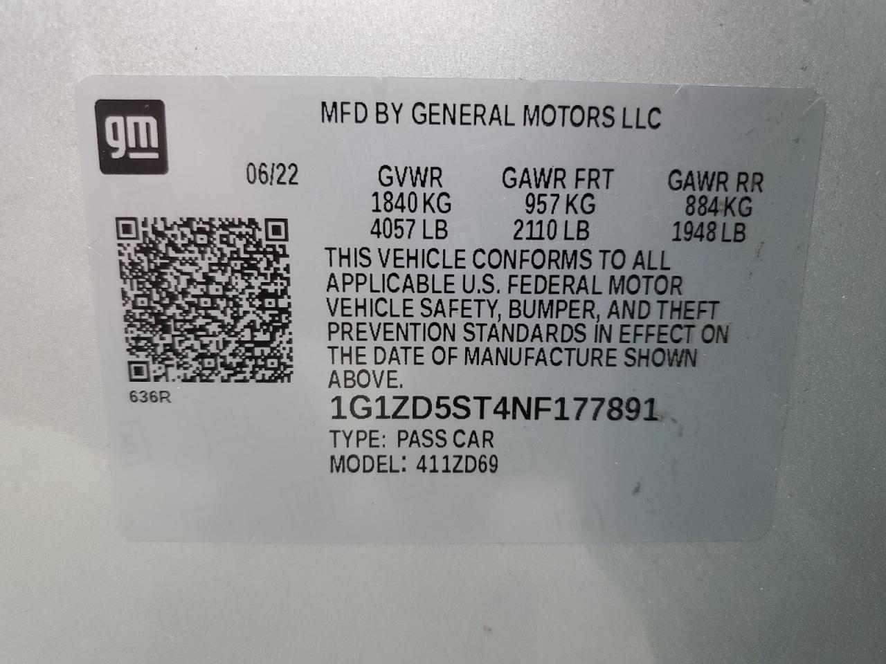 2022 CHEVROLET MALIBU LT VIN:1G1ZD5ST4NF177891