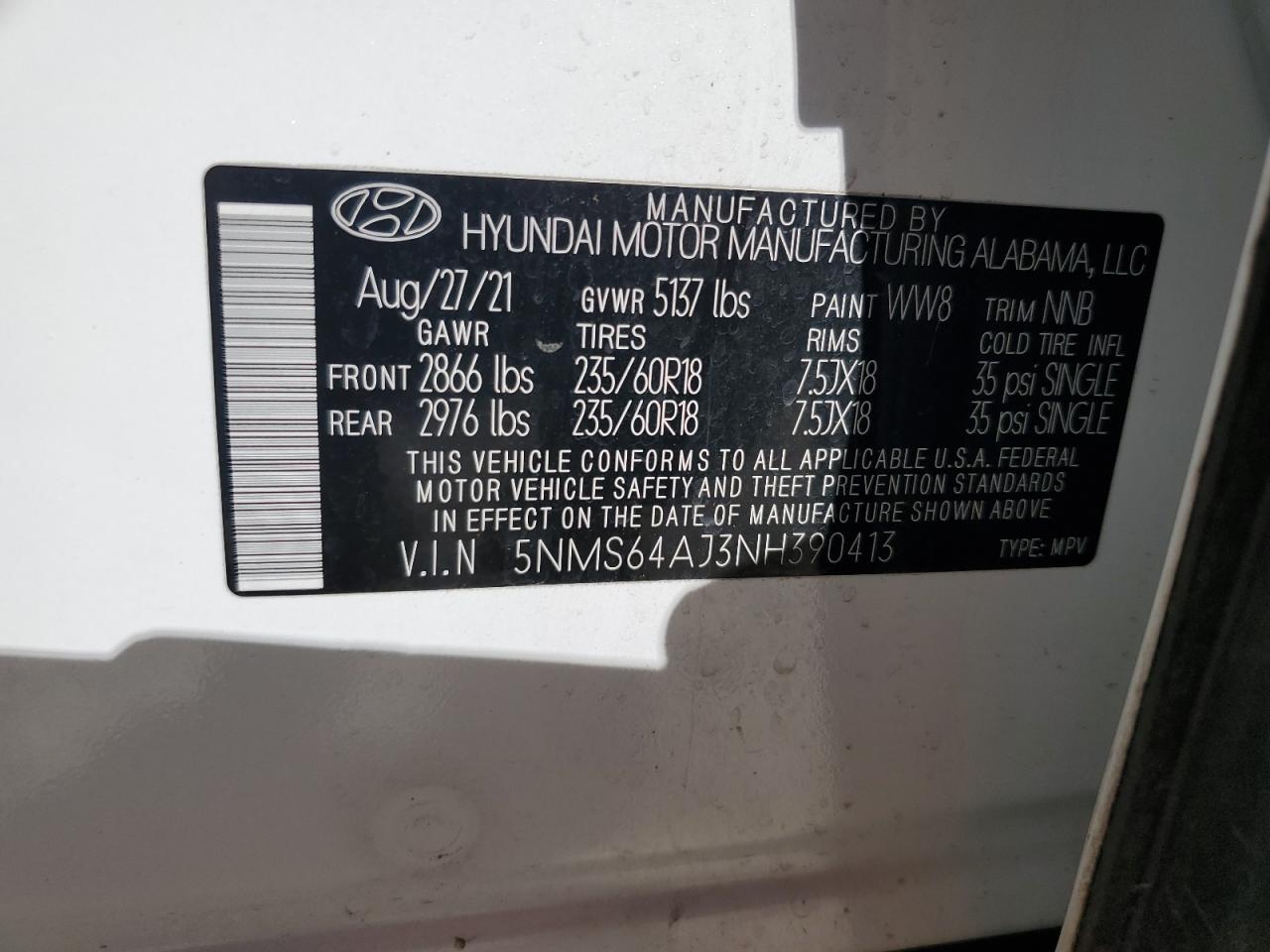 2022 HYUNDAI SANTA FE SEL VIN:5NMS64AJ3NH390413
