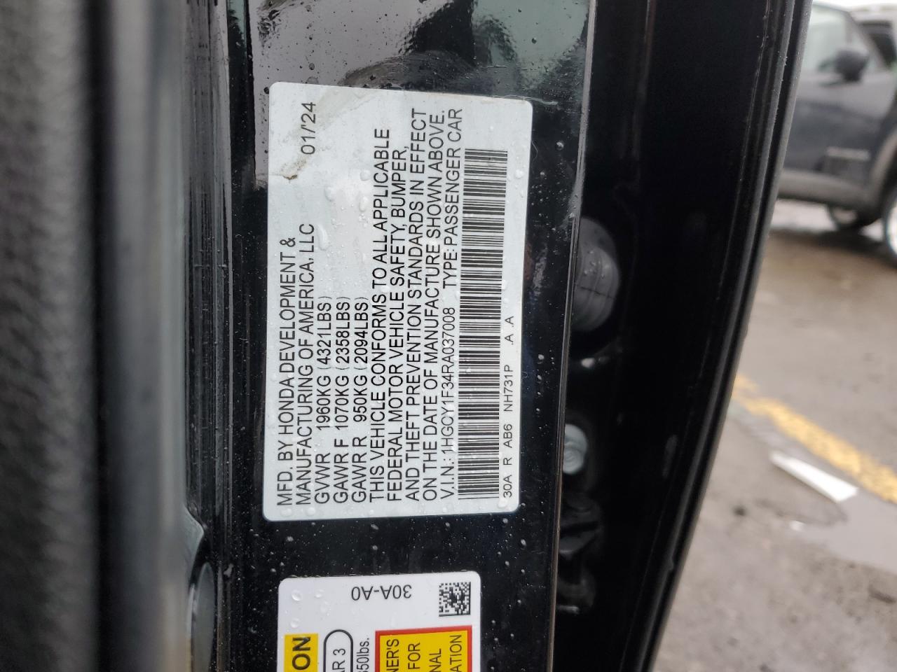 2024 HONDA ACCORD EX VIN:1HGCY1F34RA037008