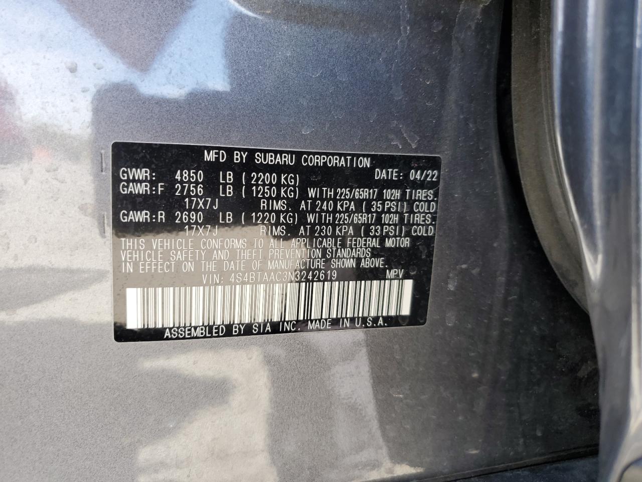 2022 SUBARU OUTBACK  VIN:4S4BTAAC3N3242619