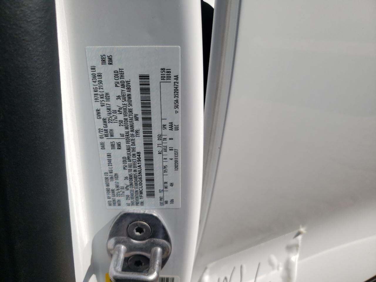 2022 FORD ESCAPE SE VIN:1FMCU0G63NUA19648
