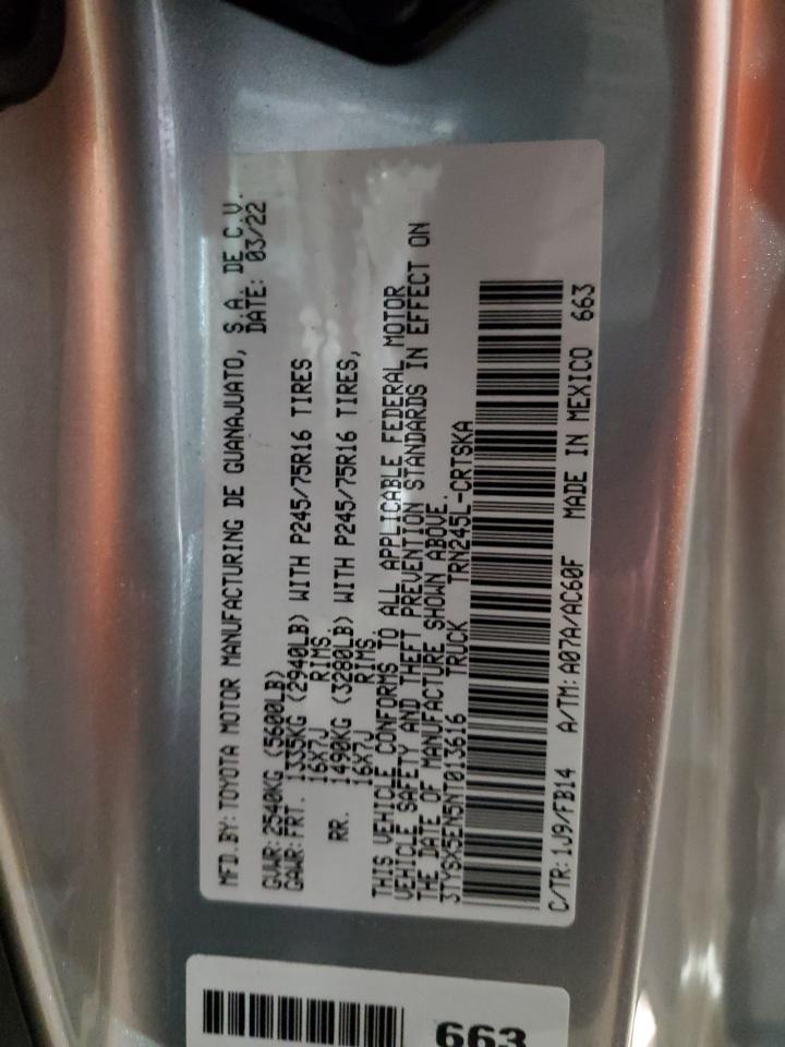 2022 TOYOTA TACOMA ACCESS CAB VIN:3TYSX5EN5NT013616