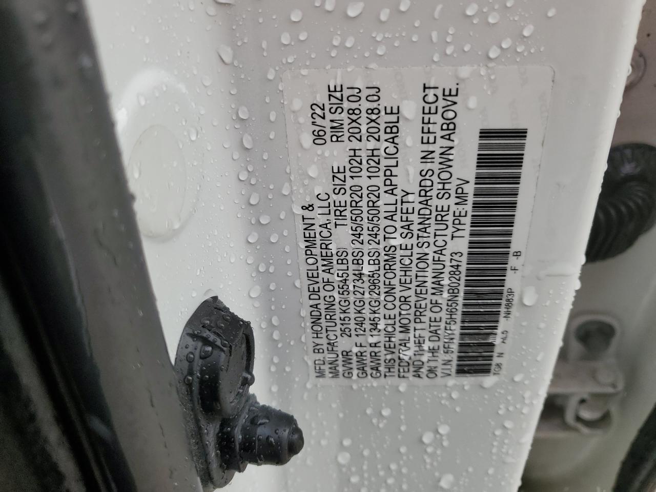 2022 HONDA PILOT TOURING VIN:5FNYF5H65NB028473