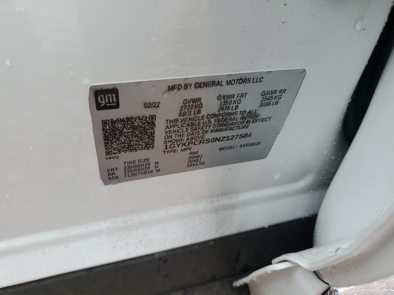 2022 CADILLAC XT6 PREMIUM LUXURY VIN:1GYKPCRS6NZ127584