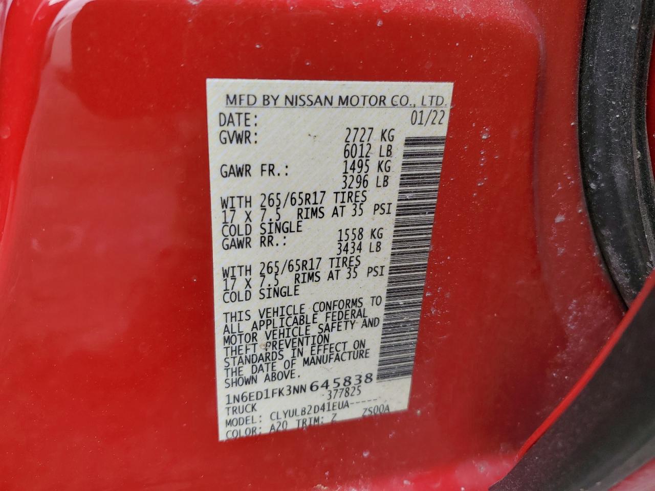 2022 NISSAN FRONTIER SV VIN:1N6ED1FK3NN645838