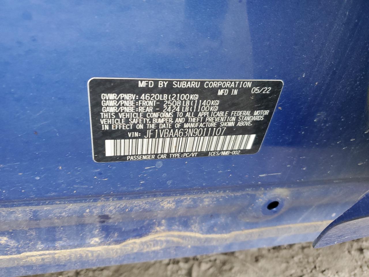 2022 SUBARU WRX  VIN:JF1VBAA63N9011107