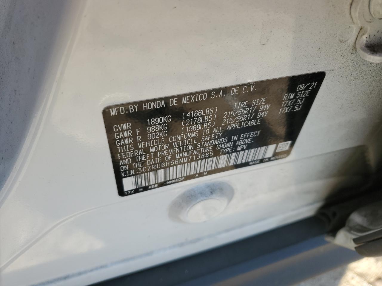 2022 HONDA HR-V EX VIN:3CZRU6H56NM713885