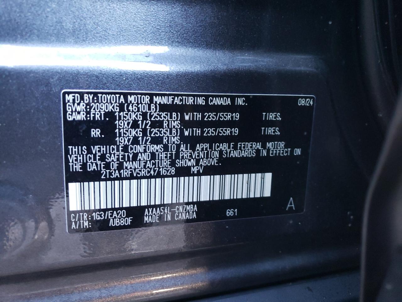 2024 TOYOTA RAV4 XLE PREMIUM VIN:2T3A1RFV5RC471628