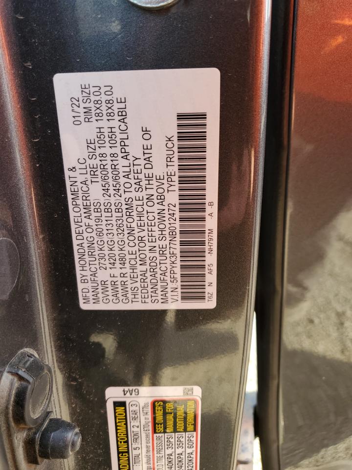 2022 HONDA RIDGELINE RTL VIN:5FPYK3F77NB012472