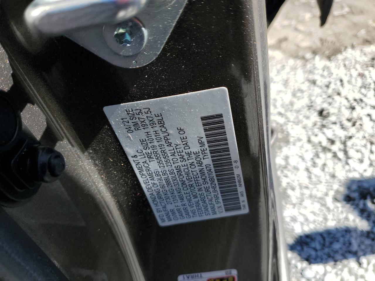 2022 HONDA ODYSSEY TOURING VIN:5FNRL6H82NB010470
