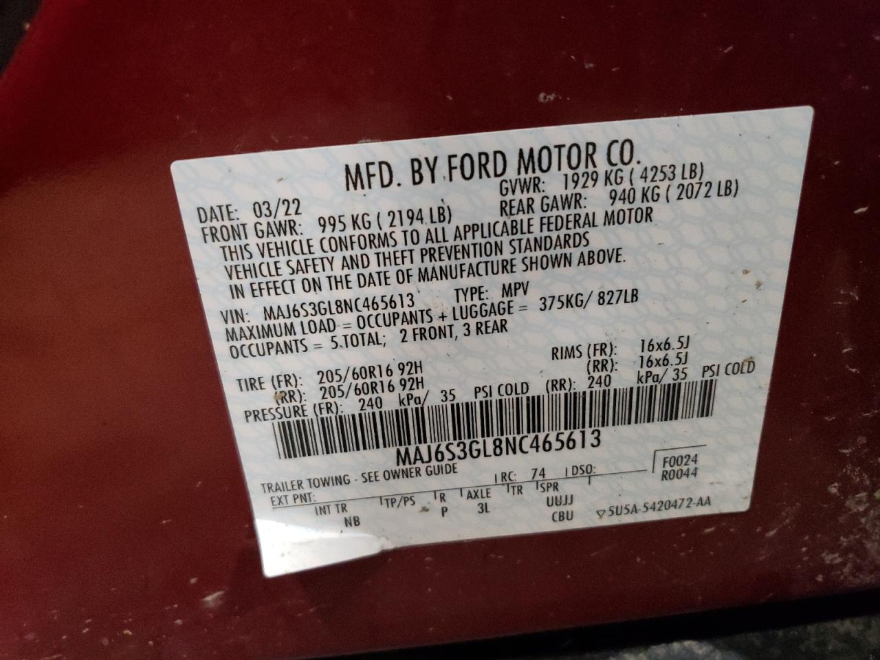 2022 FORD ECOSPORT SE VIN:MAJ6S3GL8NC465613