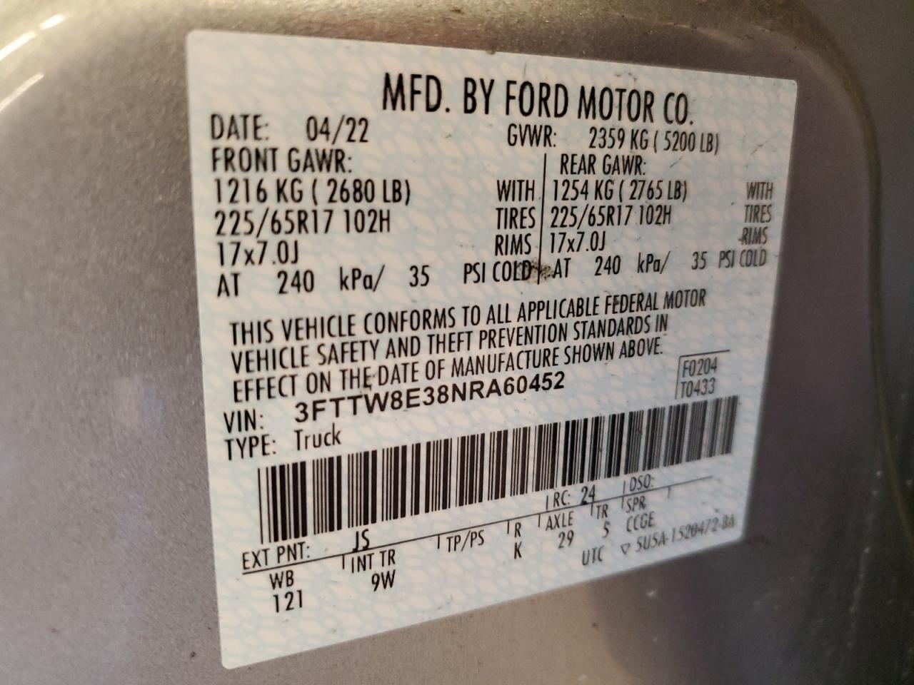 2022 FORD MAVERICK XL VIN:3FTTW8E38NRA60452