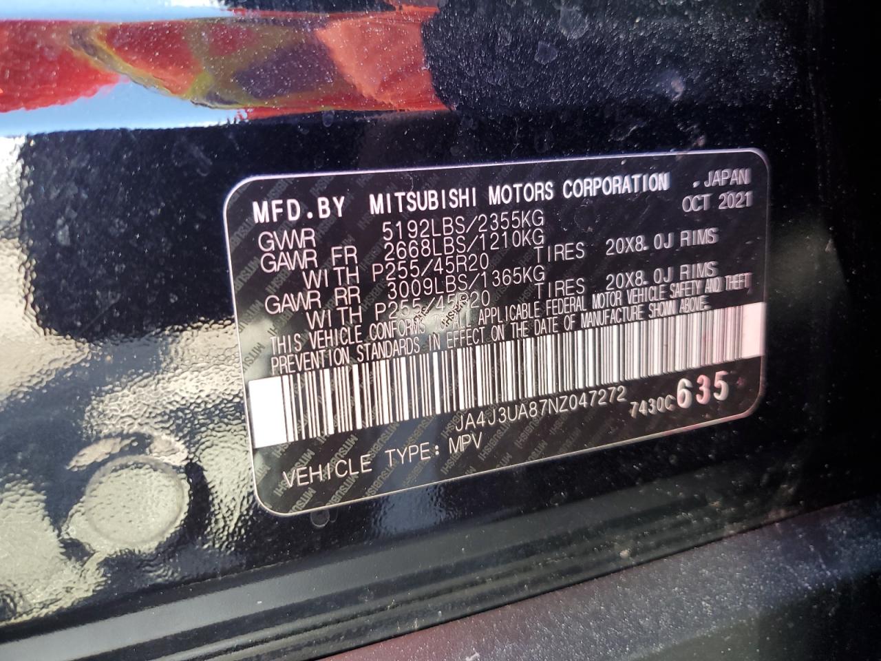 2022 MITSUBISHI OUTLANDER SE VIN:JA4J3UA87NZ047272