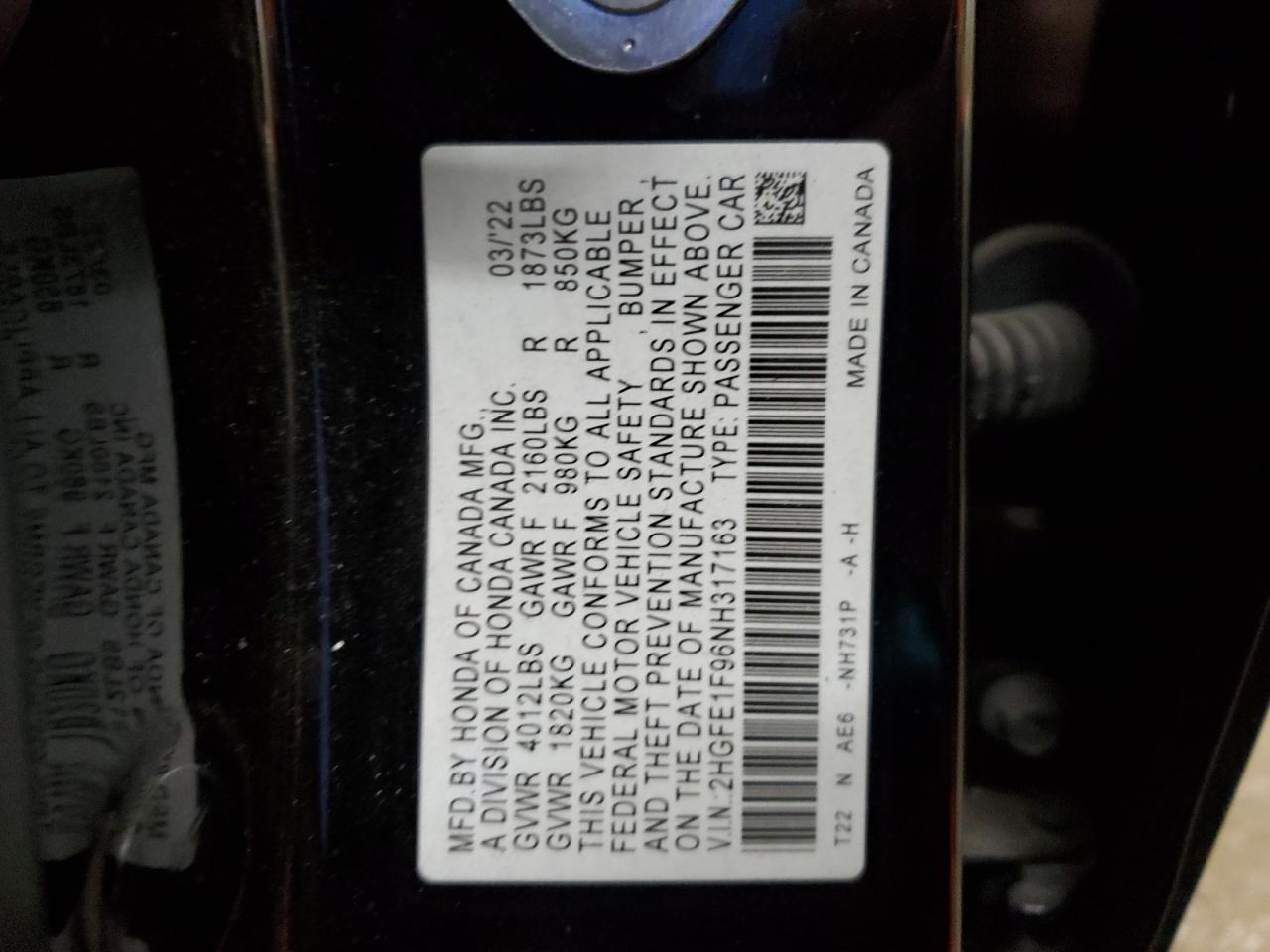 2022 HONDA CIVIC TOURING VIN:2HGFE1F96NH317163