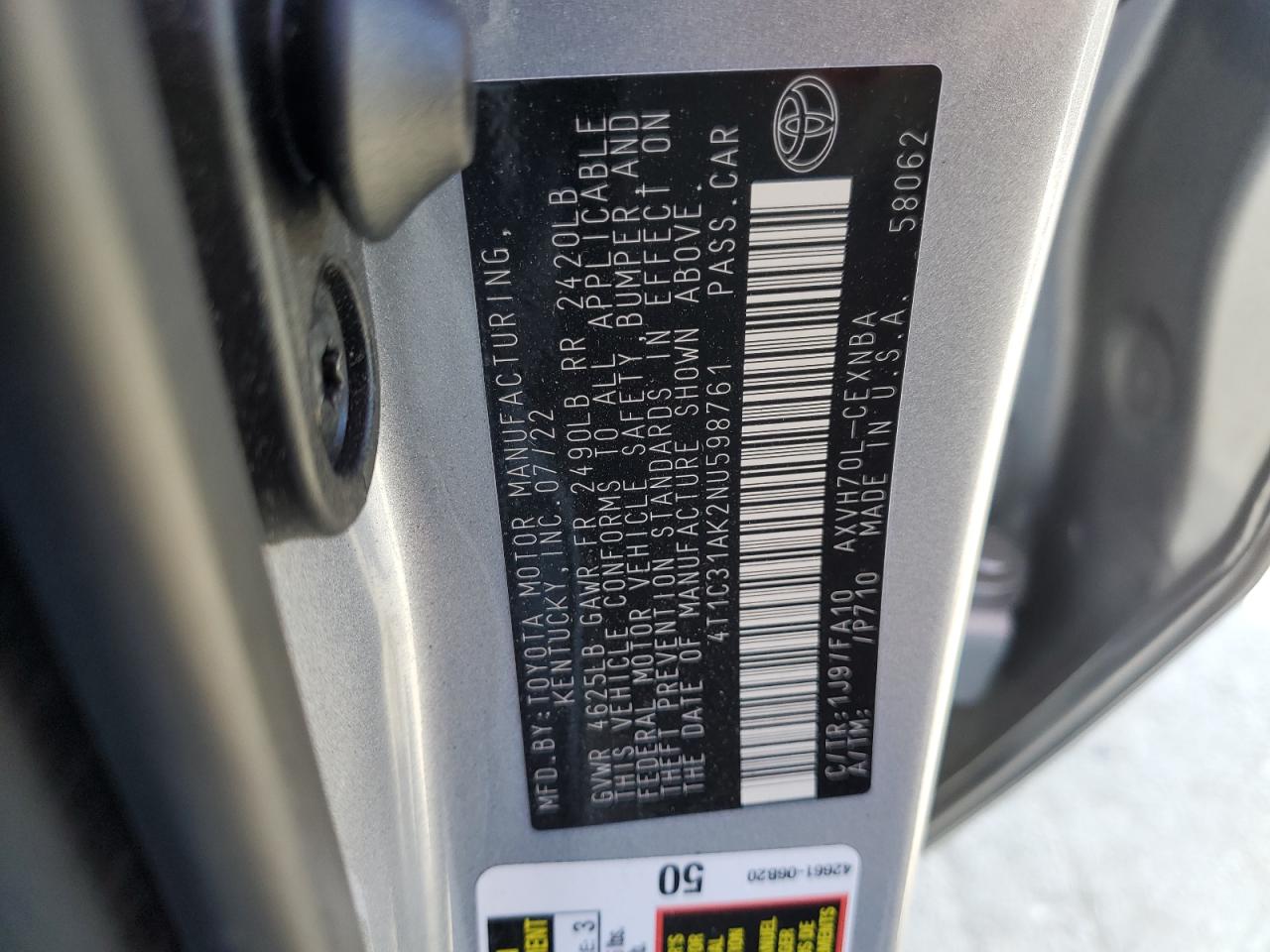 2022 TOYOTA CAMRY LE VIN:4T1C31AK2NU598761