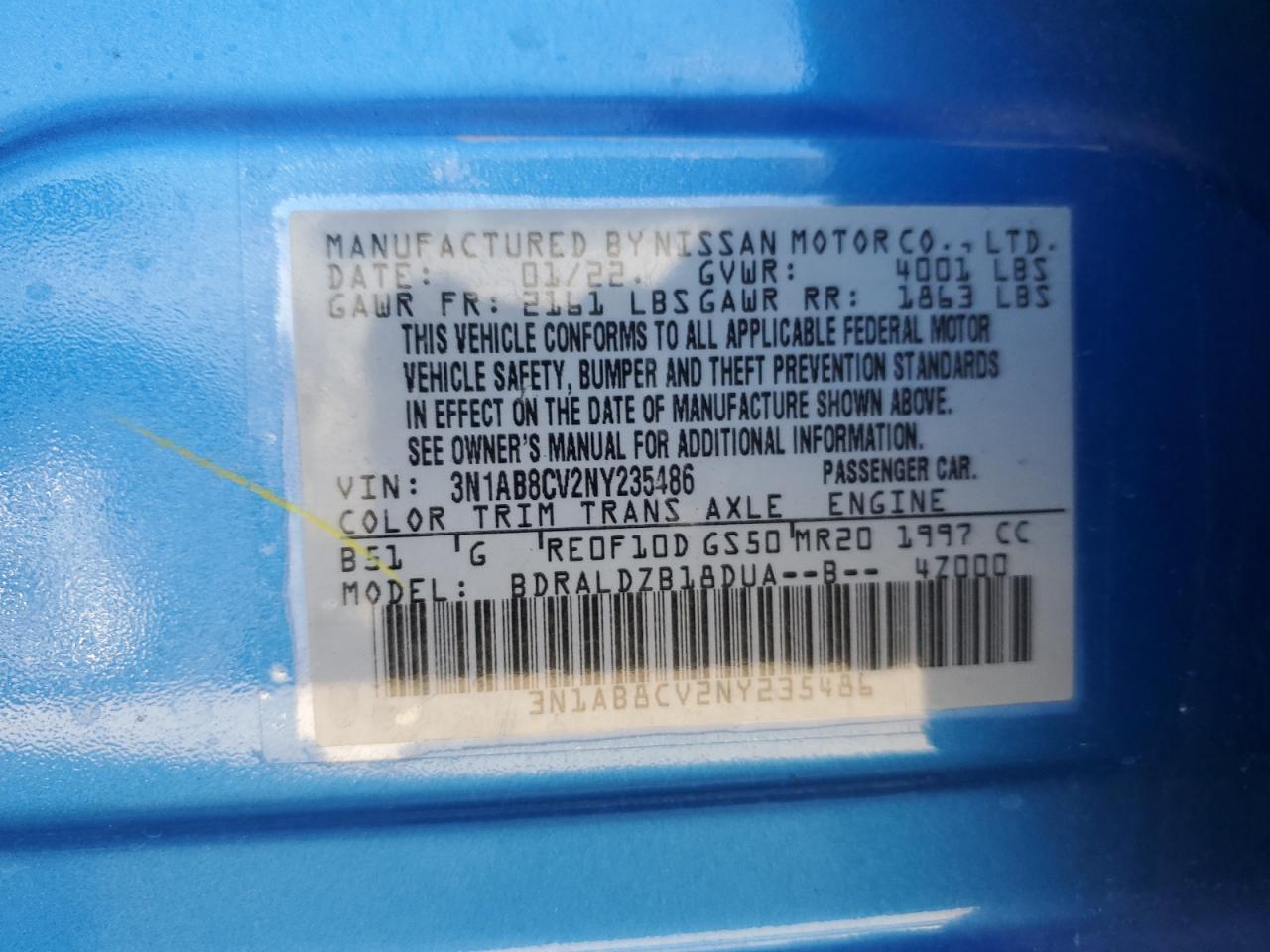 2022 NISSAN SENTRA SV VIN:3N1AB8CV2NY235486