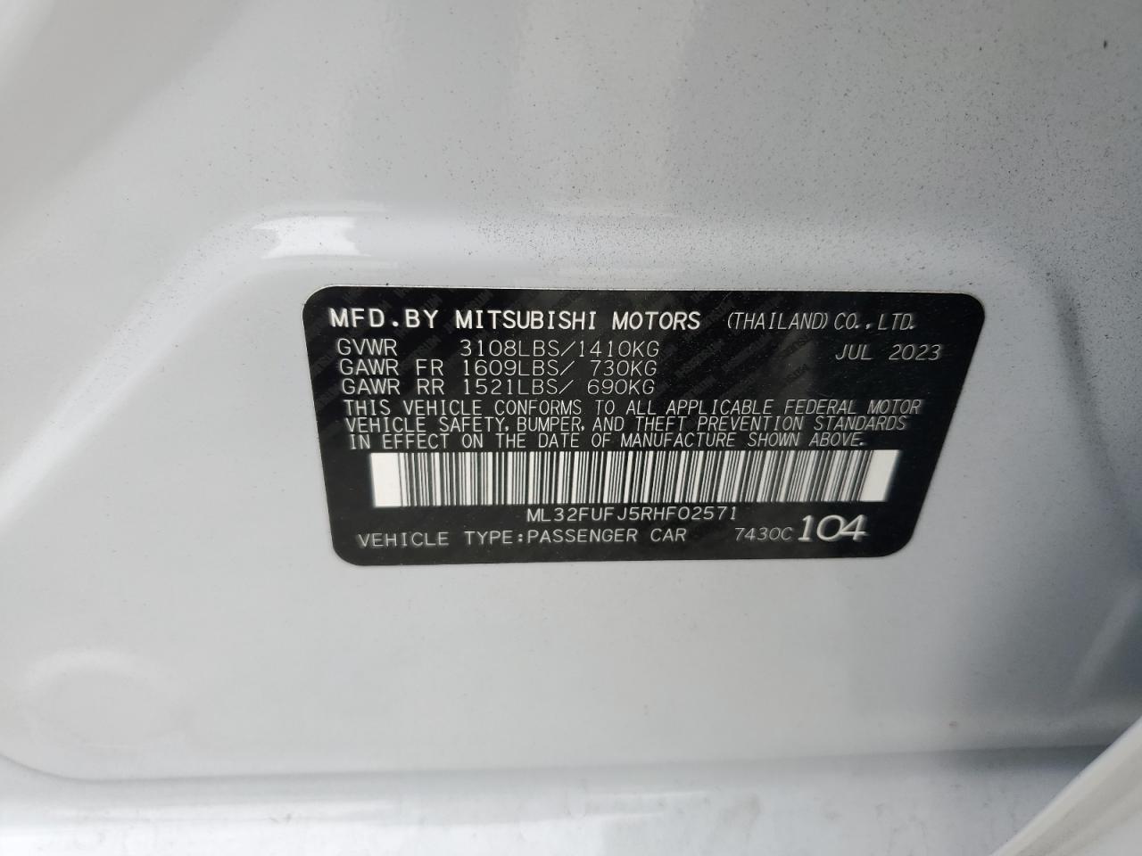 2024 MITSUBISHI MIRAGE G4 ES VIN:ML32FUFJ5RHF02571