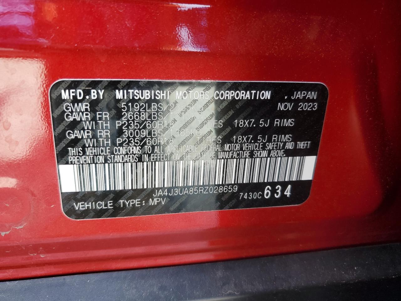 2024 MITSUBISHI OUTLANDER ES VIN:JA4J3UA85RZ028659