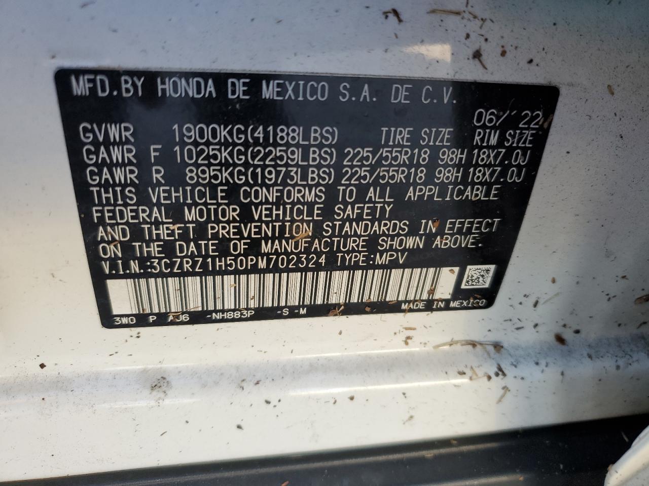 2023 HONDA HR-V SPORT VIN:3CZRZ1H50PM702324