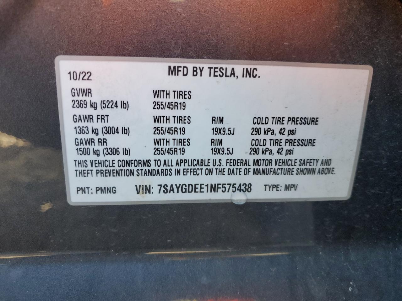 2022 TESLA MODEL Y  VIN:7SAYGDEE1NF575438