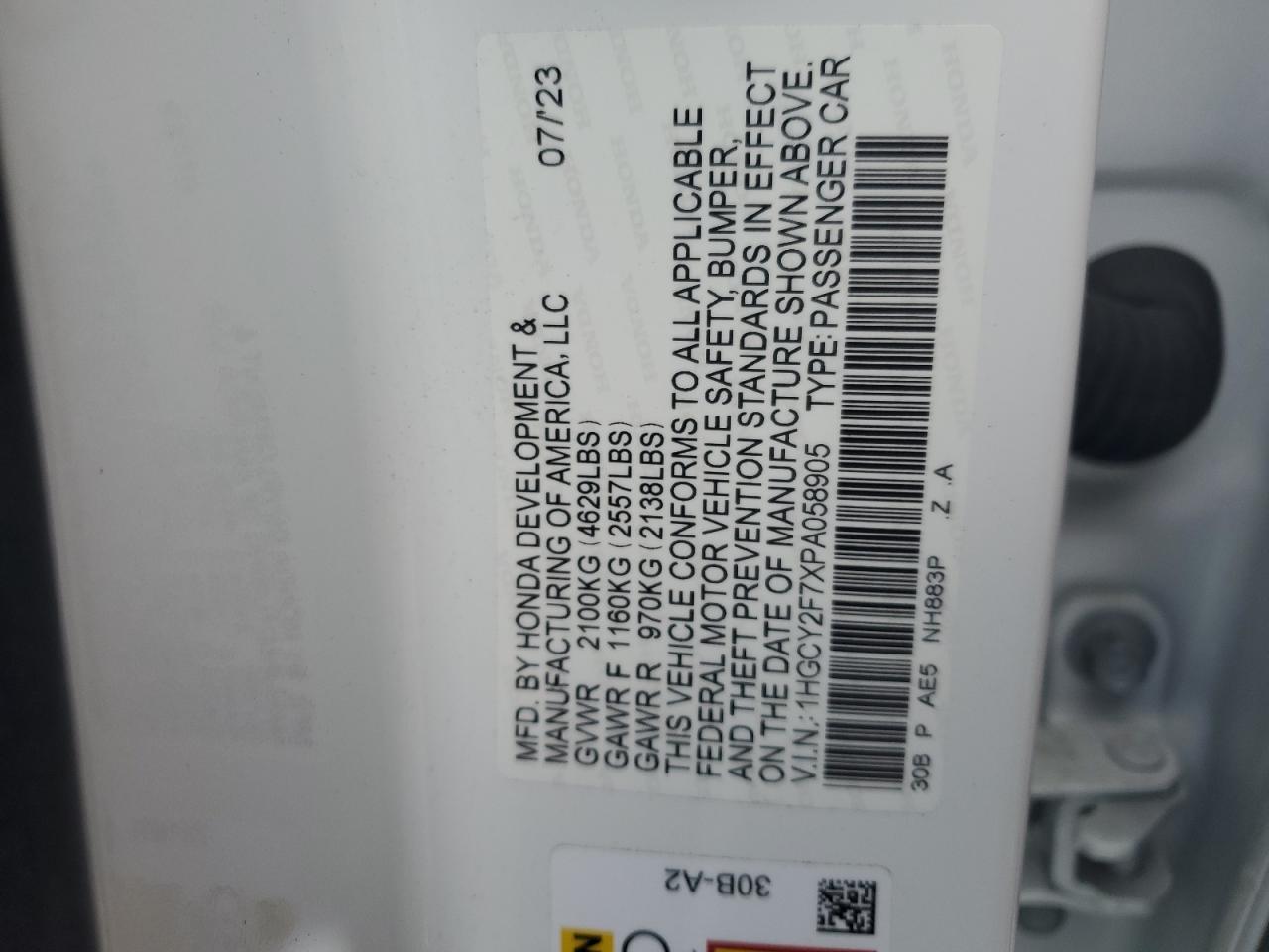 2023 HONDA ACCORD HYBRID SPORT-L VIN:1HGCY2F7XPA058905
