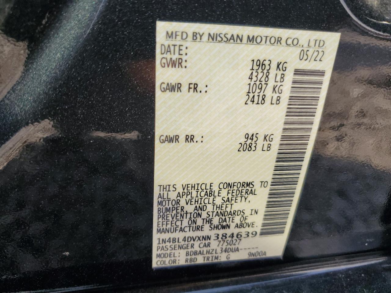 2022 NISSAN ALTIMA SV VIN:1N4BL4DVXNN384639