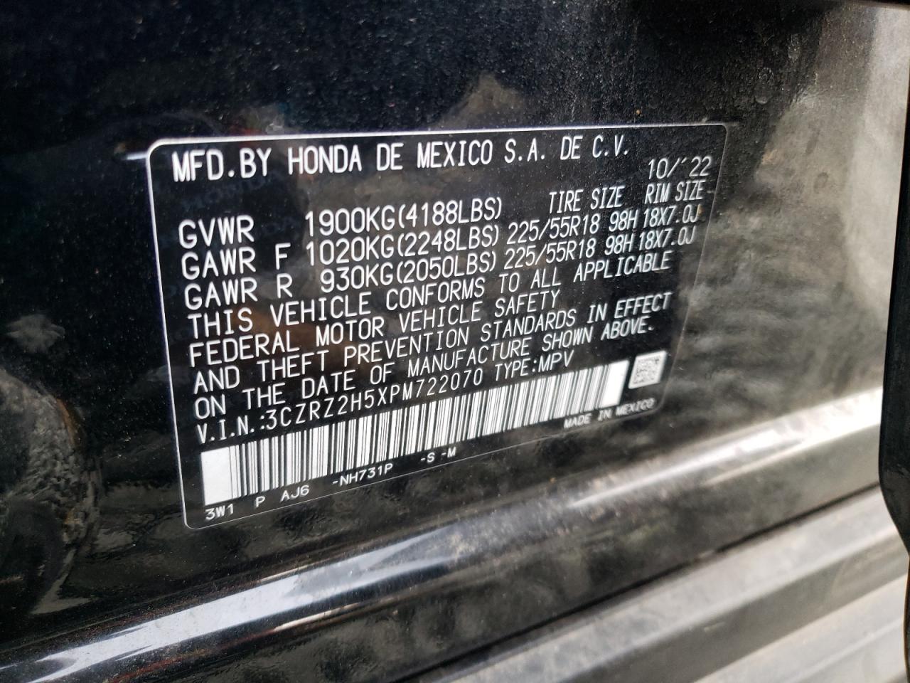 2023 HONDA HR-V SPORT VIN:3CZRZ2H5XPM722070