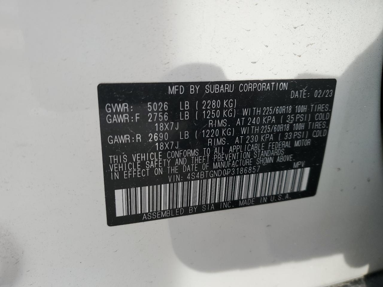 2023 SUBARU OUTBACK LIMITED XT VIN:4S4BTGND0P3186857