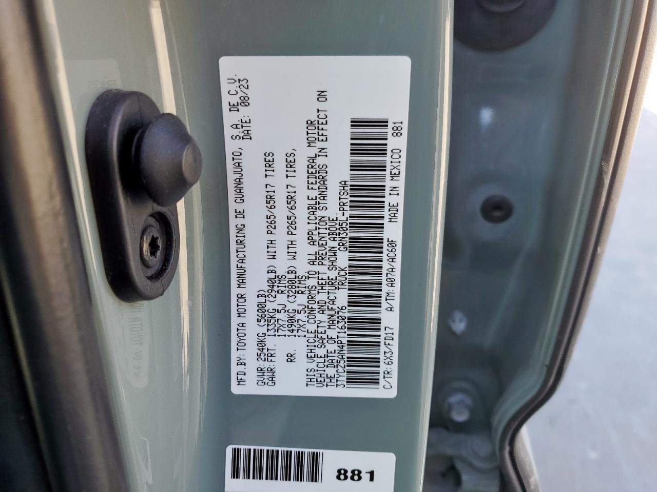 2023 TOYOTA TACOMA DOUBLE CAB VIN:3TYCZ5AN4PT163076